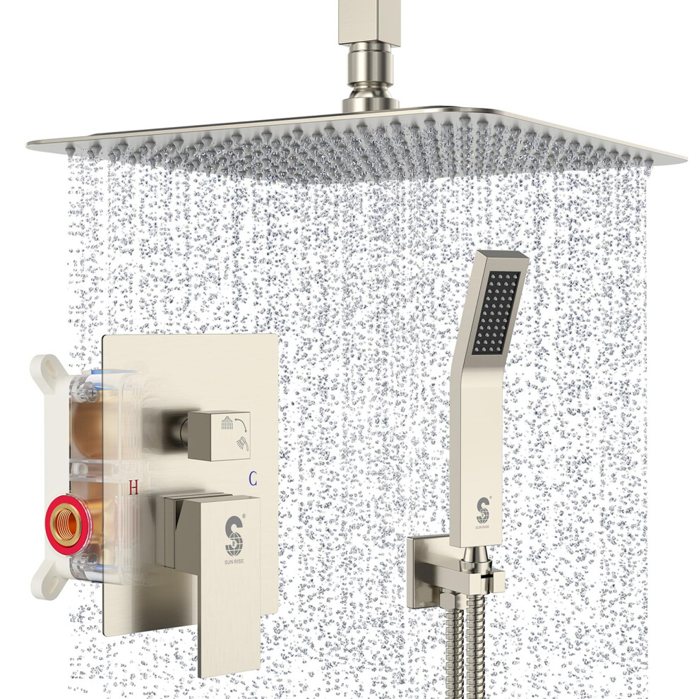SR SUN RISE Brass 10 Inches Ceiling Mounted Shower System Brushed Nickel Bathroom Luxury Rain Mixer Shower Combo Set Ceiling Install Rainfall Shower H-image-OPC-PGTFZJ6-NEW