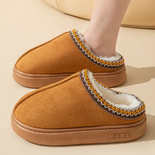 (Brown, 38-39?Foot Length24-24.5cm) Color Velvet Solid Splicing Thick Sole Lightweight Warm Woman Slippers Cotton