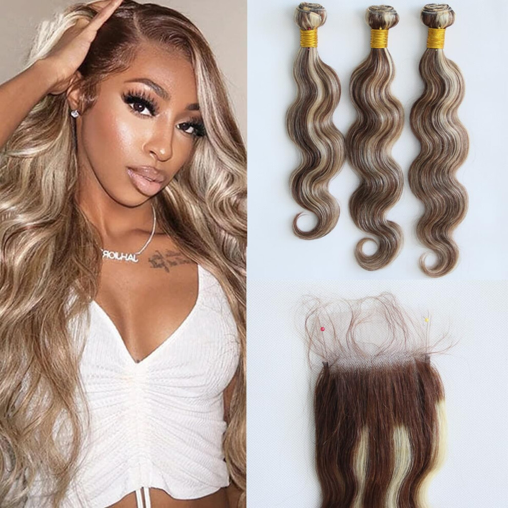 Aprilhair Unisex Brown 8A Pre Plucked 4X4 Lace Closure With 3 Bundles Highlight P4/613 Blonde Body Wave Brazilian Virgin Human Hair (16With20 22 24)