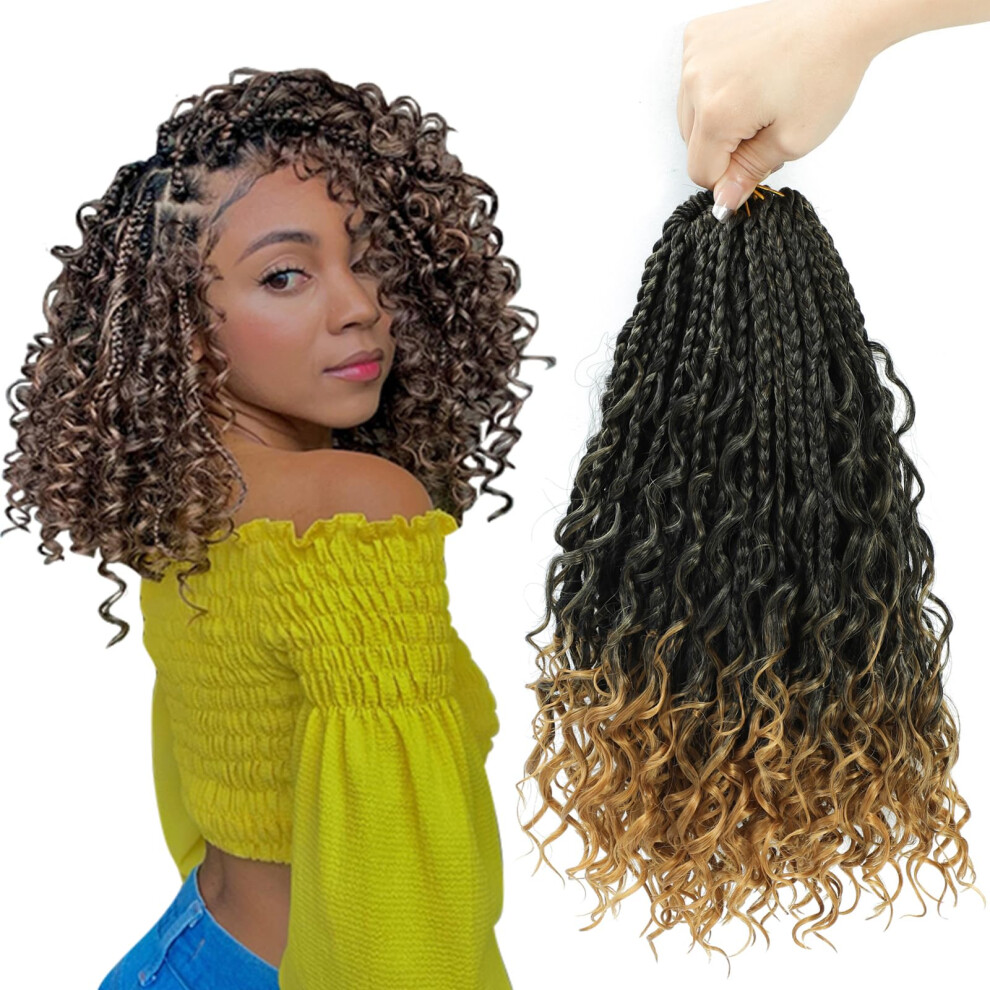 Firstcyh Hair 8 Packs Box Braids Crochet Braids With Curly Ends 12 Inch Crochet Box Braids 3X Box Braid Crochet Hair Extension(12(8Packs) 1B/27)