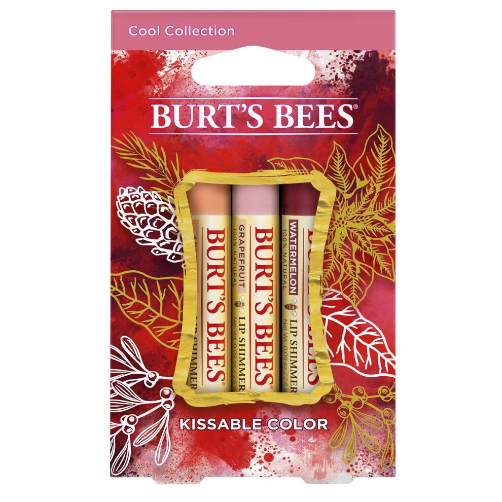 Burt's Bees Kissable Color Holiday Gift Set  3 Lip Shimmers in Gift Box - Cool Collection in Watermelon  Apricot and Grapefruit