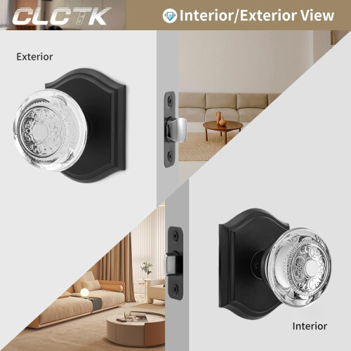 CLCTK Crystal Door Knobs Interior Vintage Passage Glass Door Knobs Matte Black Door Knobs for Hall Closet 1 Pack 1