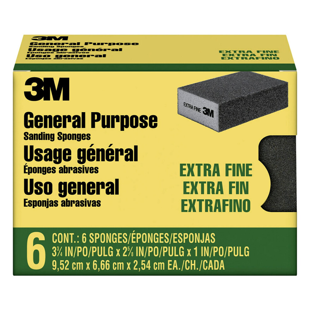 3M Sanding Sponge Block  6-Pack  Extra Fine Grits  3-3/4 in x 2-5/8 in  Designed For Sanding Wood  Paint  Metal  Plastic or Drywall  Features 3M Abras