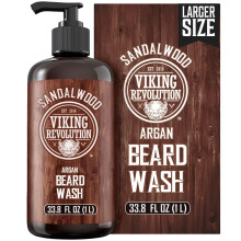Viking Revolution Sandalwood Beard Wash for Men with Argan Oil - Beard Softener and Strengthener Beard Shampoo with Ginseng Red Sage Vitamin B5 Vi