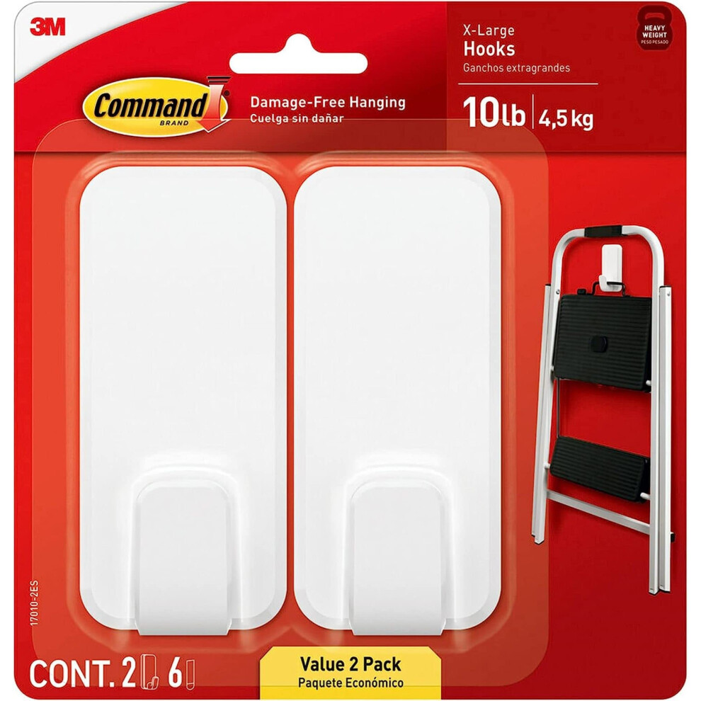 Command 10 lb XL Heavyweight Wall Hook  2 Hooks and 6 Command Strips  Damage Free Hanging Wall Hook with Adhesive Strips  Heavy Duty Single Wall Hook