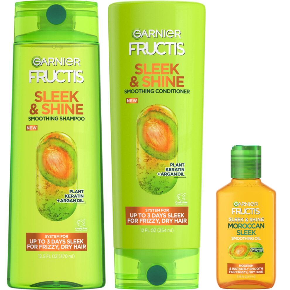 Garnier Fructis Sleek & Shine Shampoo  Conditioner + Moroccan Sleek Oil Set for Frizzy  Dry Hair  Argan Oil (3 Items)  1 Kit (Packaging May Vary)