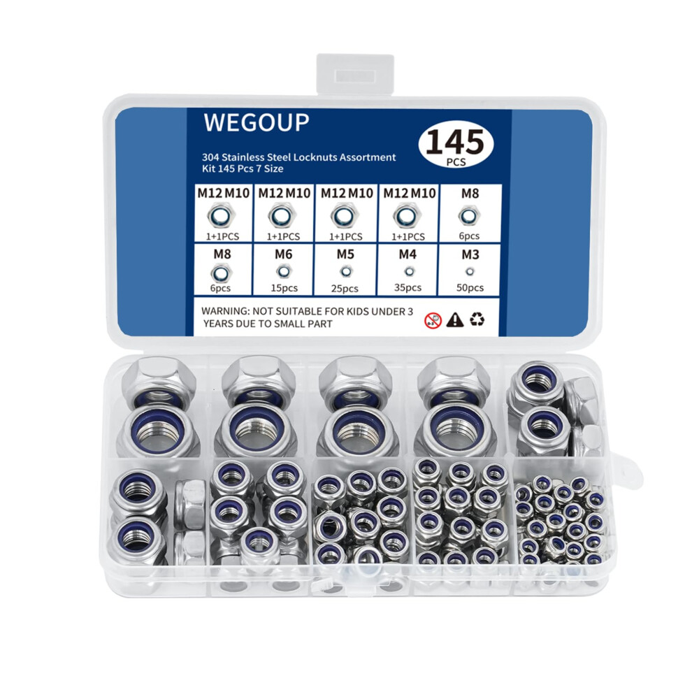 WEGOUP 145 PCS Nylon Insert Lock Nuts Assortment Kit  Metric M3-M12  304 (A2-70) Stainless Steel Lock Nuts  Hex Nut Set for Industrial and Home Use-image-OPC-PGTGCJV-NEW