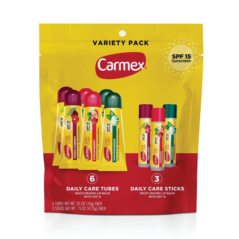 Carmex Daily Care Moisturizing Lip Balm Pack  SPF 15  Multi-Flavor Lip Care Variety Pack Bag  9 Count (6 Tubes  3 Sticks)