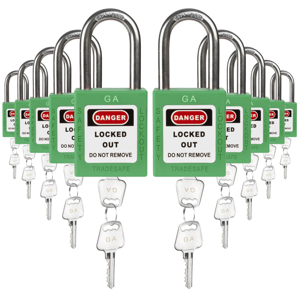 Tradesafe Lockout Tagout Lock Sets 10 Keyed Alike Unlimited Grouping Safety Padlocks 2 Keys Per Lock Osha Compliant Loto Locks Green