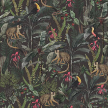 REDAMANCY Dark Black Grey Jungle Forest Monkey Parrot Birds Green Leaf Pink Flowers Peel and Stick Wallpaper Stick on Vintage Wall Paper Easy Peel Of