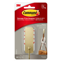 Command Satin Brass Medium Decorative Wall Hook — Damage-Free Hanging Up to 3 lb with Adhesive Strips (17034BR-ES)