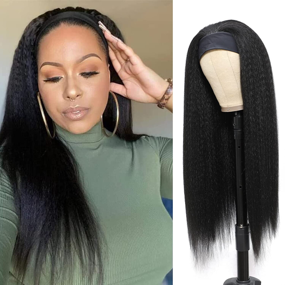 Vligcor Unisex Black Kinky Straight Headband Wigs For Women 20Inch None Lace Synthetic Hair Headband Wigs Long Yaki Straight Wigs Natural Hairline Glueless W
