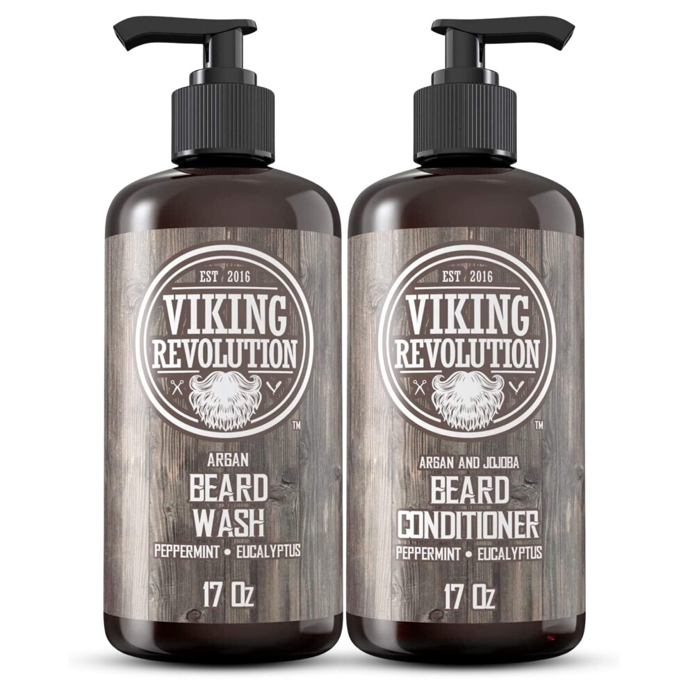 Viking Revolution Beard Wash & Conditioner Set W/Argan & Jojoba Oils - Softens Smooths & Strengthens Beard Growth - Natural Peppermint And Eucalyptus
