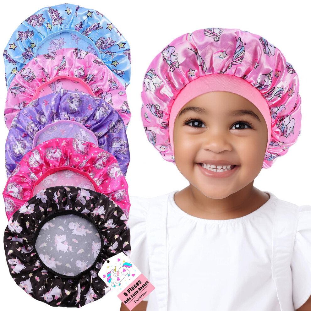 Dyrfolm Lot De 5 Bonnets En Satin Pour Enfants, Bonnets En Soie Douce Pour Dormir, Bonnets Pour Filles, Bonnets De Nuit Lastiques Large Bande,-image