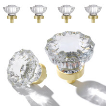 Crystal Knobs for Drawers Brushed Gold Glass Knob Vintage Cabinet Antique Pulls for Drawer Closet Dresser Cupboard 1.5 Inch Satin Brass Base Decora