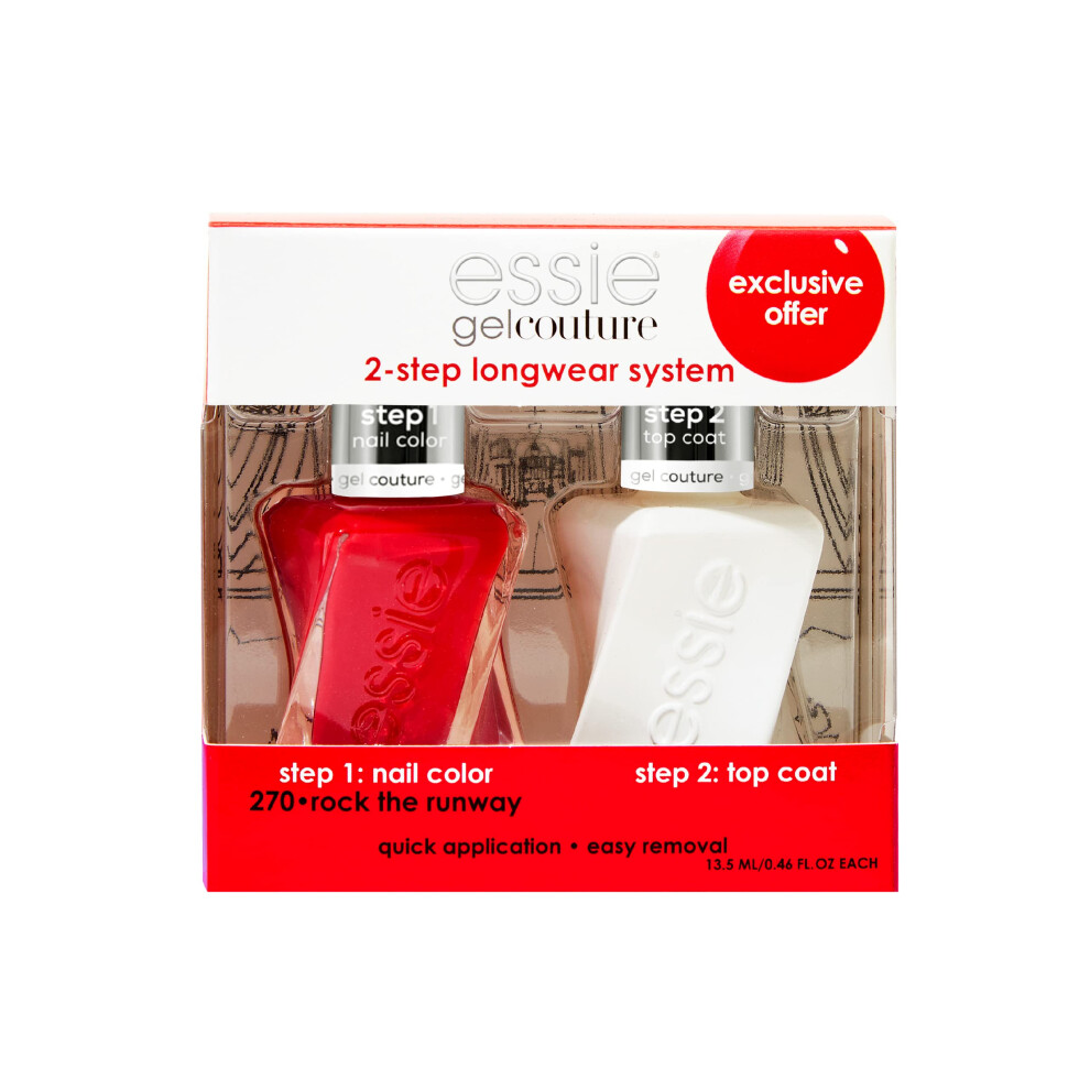 Essie Gel Couture Longwear Nail Polish + Top Coat Kit  Scarlet Red Nail Polish  Rock The Runway + Top Coat  Gifts For Women And Men  0.46Oz Each