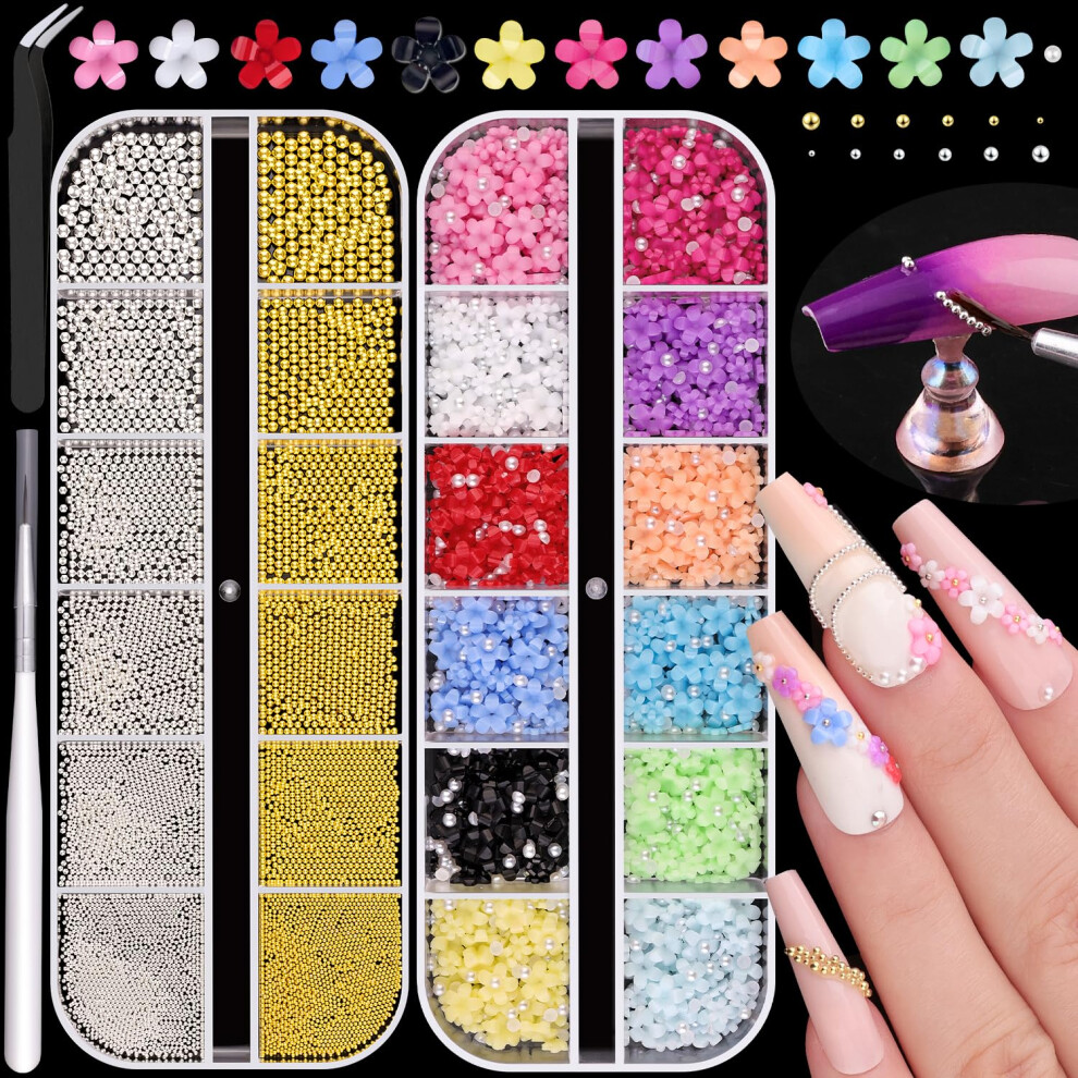 Belleboost Silver/Gold/White Metal Nail Beads (+) And Colorful 3D Flowers For Nail Art Half Flatback Pearls (White) Blossom Pearl Nail Charms And Round Caviar Beads For