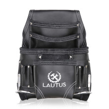 Lautus Oil Tanned Leather Tool Pouch Bag | Svart | Carpenter Construction Framers Handyman | 10 fickor 2 hammarhållare | 100% läder