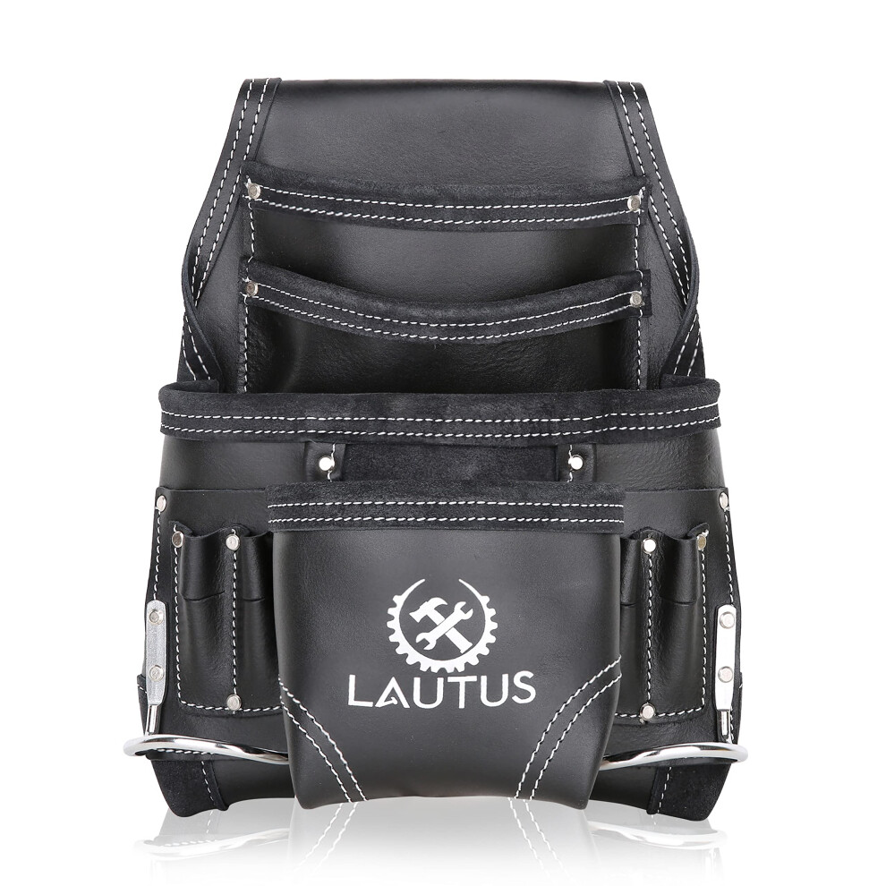 Lautus Oil Tanned Leather Tool Pouch Bag | Black | Carpenter Construction Framers Handyman | 10 Pockets 2 Hammer Holders | 100% Leather 758890972883
