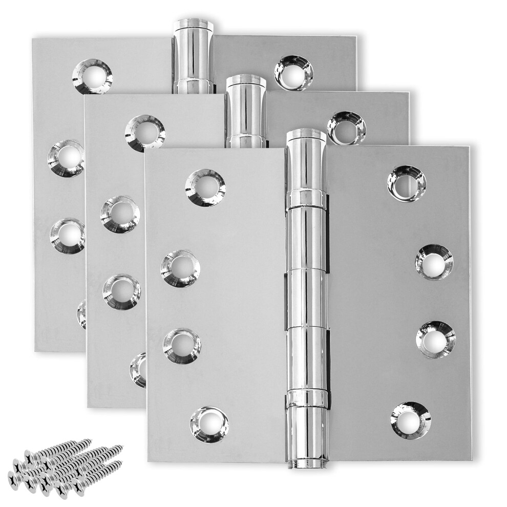 Finsbury Hardware Solid Brass Chrome Door Hinge Heavy Duty Ball Bearing Shiny Silver 4x4 Inch - Set of 3 Hinges (Polished Chrome)