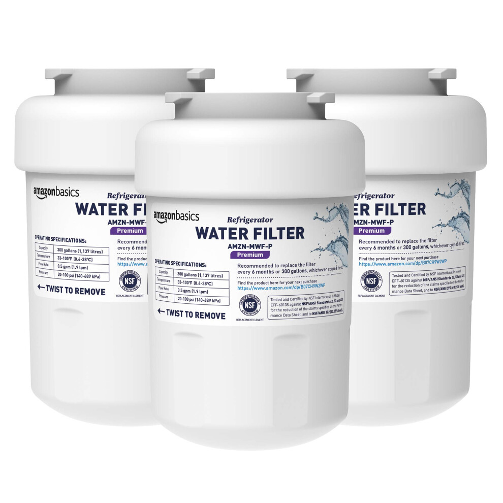 Amazon Basics Replacement GE MWF Refrigerator Water Filter Cartridge - Pack of 3  NSF Certified  Compatible with GE and Kenmore  Premium Filtration