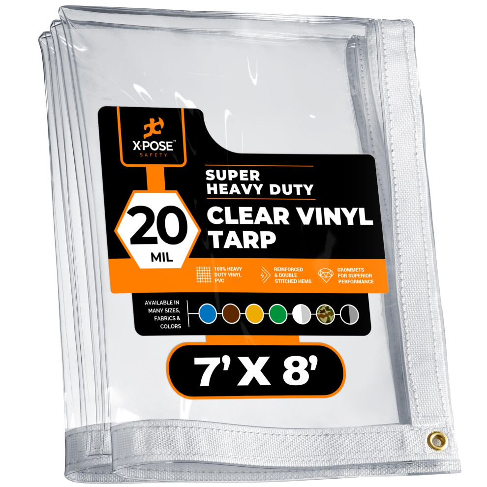 Bâche en vinyle transparent 7' x 8' - Bâche en PVC ultra-résistante et imperméable de 20 mil avec œillets en laiton - pour terrasse, camping, ten
