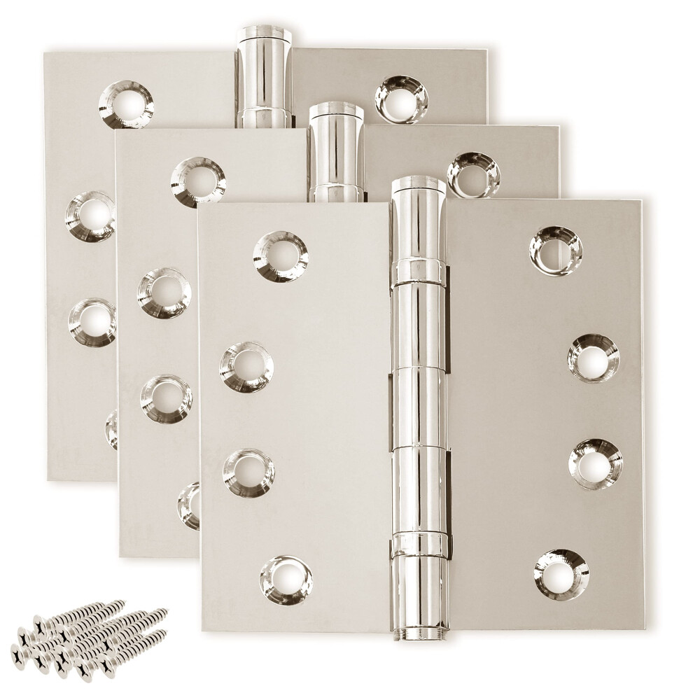 Finsbury Hardware Solid Brass Door Hinge Heavy Duty Ball Bearing Shiny Silver 4x4 Inch - Set of 3 Hinges (Polished Nickel)