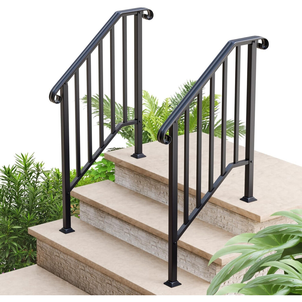 2 Pack 3 Step Handrails For Outdoor Steps Wrought Iron Stair Railing Metal Hand Railing With Installation Kit Staircase Handrails For Concrete Por 786290694128