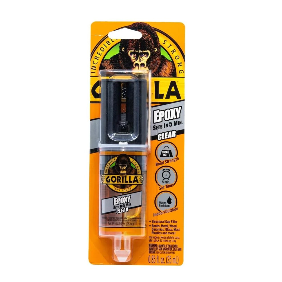 Gorilla 2 Part Epoxy  5 Minute Set  Incredibly Strong Bonding  .85 Ounce Syringe  Clear  (Pack of 1)