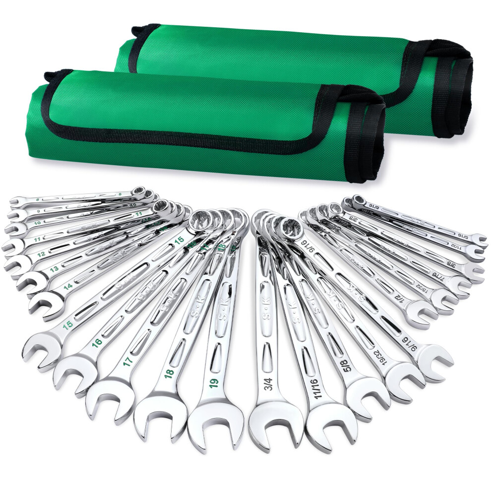 Sk Ringmaulschl Sselsatz Sae 5/16"""" Bis 3/4"""" Metrisch 8 Bis 19 Mm 23-Teilig Superkrome-Finish Hochwertige Cr-V-Konstruktion Mit Rolltasche-image