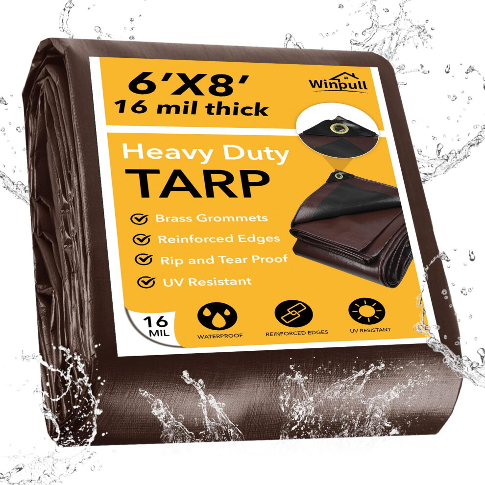 Winpull Tarp 6X8ft 16 Mil Heavy Duty Large Tarps Waterproof Tarp With Brass Grommets And Reinforced Edges Uv Resistant Tear&Fade Resistant Poly Ta 701151284089