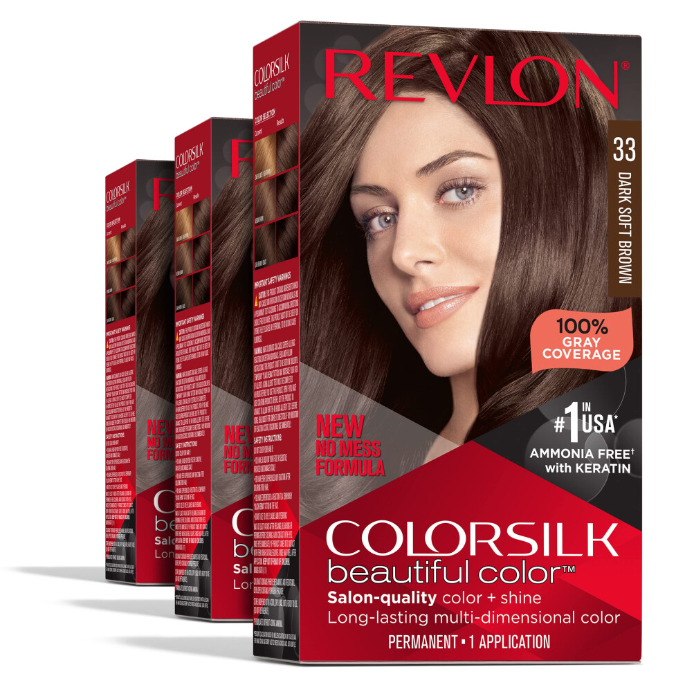Revlon Permanent Hair Color Permanente Braune Haarfarbe Colorsilk Mit 100 % Grauabdeckung, Ammoniakfreies Keratin Und Aminos Uren, Braunt Ne (3Er-image