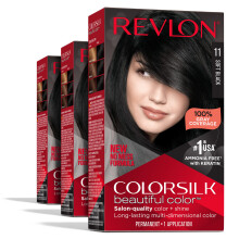 Permanente Haarfarbe von Revlon, permanente Haarfarbe Colorsilk mit 100 % Grauabdeckung, ammoniakfreiem Keratin und Aminosuren, 011 Soft Black (3er-