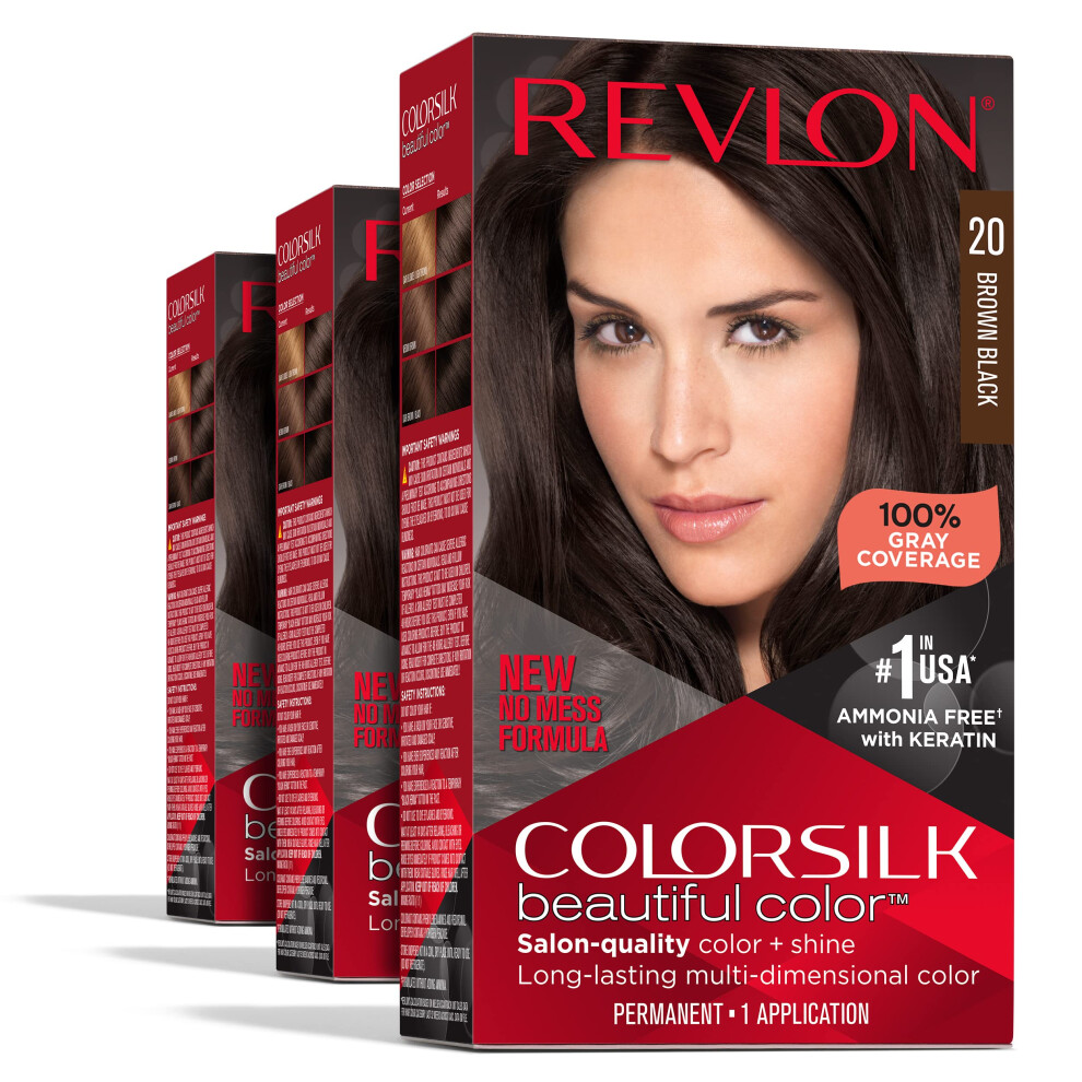 Revlon Permanent Hair Color Permanent Brown Hair Dye Colorsilk with 100% Gray Coverage Ammonia-Free Keratin and Amino Acids Brown Shades (Pack of