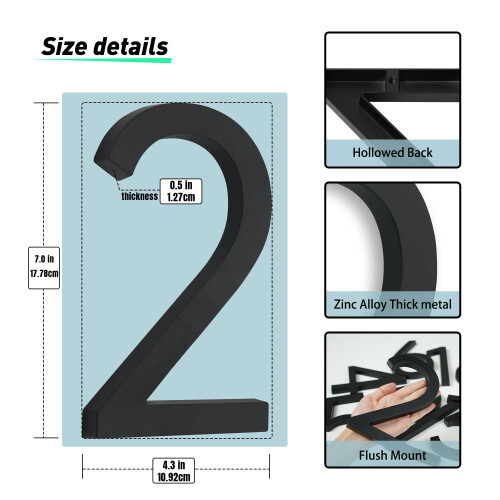 Números de Casa Modernos 7 Polegadas Pretos - Números Flutuantes em Metal com Kit de Pregos 1