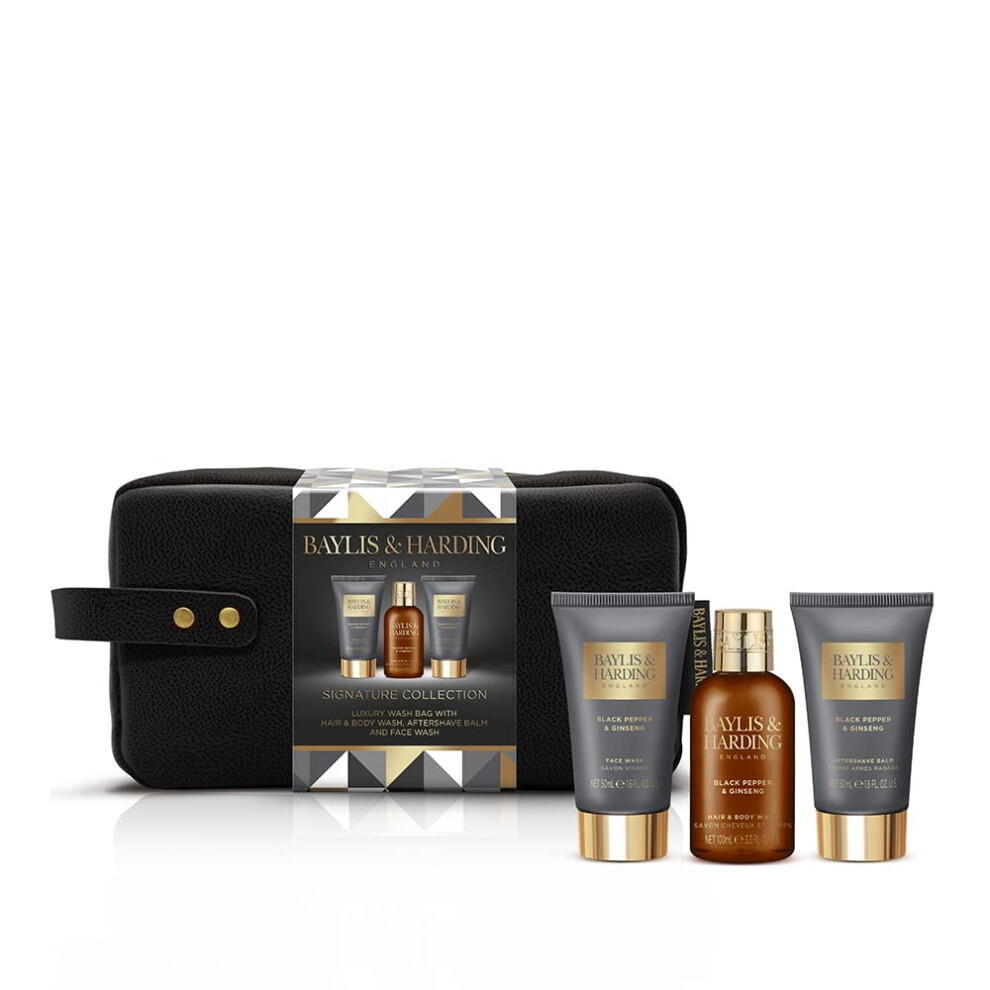 Baylis & Harding Gift Set for Men - Luxury Wash Bag - Black Pepper & Ginseng Men's Present -3-Pack