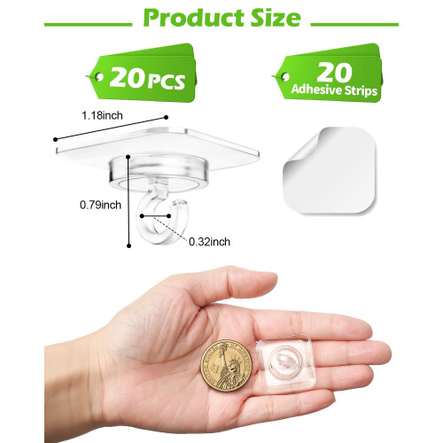 Adhesive Ceiling Hooks for Hanging Decor:20 Pack No Drill Small Drop Ceiling Hanger Strips for Decorations - Clear Decorative Ceiling Clips for C 1