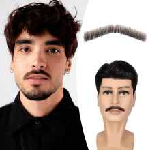 Wodelanle Baffi Finti Barba Realistica 100% Capelli Umani Barba Intera Legata a Mano Pizzetto Nero Barba Finta Pizzo Baffi Finti Invisibili per I