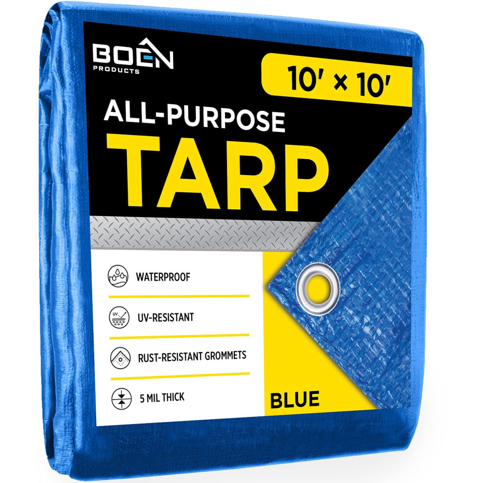Multi-Purpose Large Tarp Waterproof Cover | Blue 10' X 10' 5 Mil Thick | Rip Proof Tarps | Thick Weave Material Uv Resistant Great For Tarpaulin Can 3413984182919