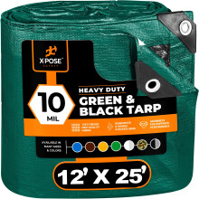 Heavy Duty Poly Tarp 12 Voet x 25 Voet 10 Mil Dikke Waterdichte UV-blokkerende Beschermhoes - Omkeerbaar Groen en Zwart - Gelamineerde Coating - Grom