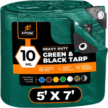 Heavy Duty Poly Tarp - 5' X 7' - 10 Mil dikke waterdichte UV-blokkerende beschermhoes - Omkeerbaar groen en zwart - Gelamineerde coating - Grommets -
