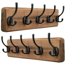 Dseap Coat Rack Wall Mounted with 5 Coat Hooks - Heavy Duty Wooden Wall Coat Hanger for Clothes Hat Jacket Clothing Natural & Black 2 Packs