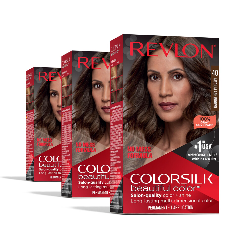 Revlon Permanent Hair Color, Tinta Permanente Per Capelli Castani Colorsilk Con Copertura Dei Capelli Bianchi Al 100%, Senza Ammoniaca, Cheratina-image