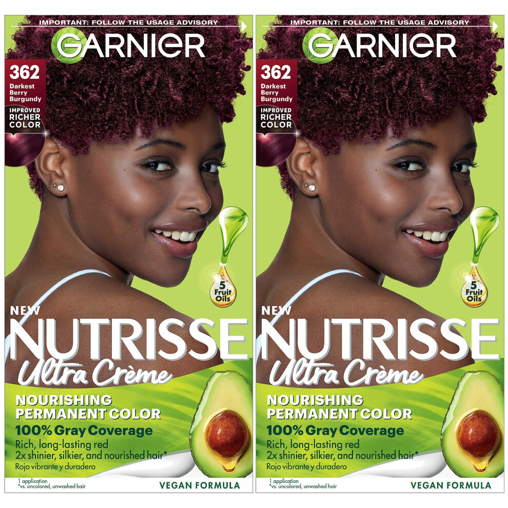 Garnier Hair Color Nutrisse Nourishing Creme  362 Darkest Berry Burgundy (Raspberry Jam) Red Permanent Hair Dye  2 Count (Packaging May Vary)