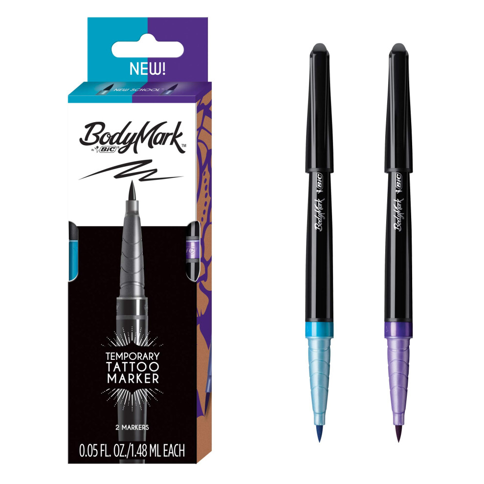 BIC BodyMark Temporary Tattoo Marker with Brush Tip  New School  Light Blue and Purple  Pack of 2 Markers