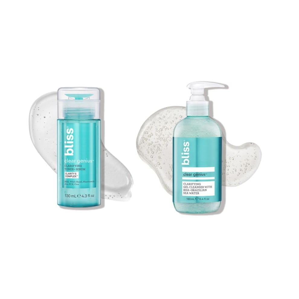 Bliss Daily Acne Routine Kit  2pc Set- Clear Genius Toner + Serum  and Cleanser - Cleanse and Tone for Acne- Clean  Vegan  Cruelty-Free Skincare