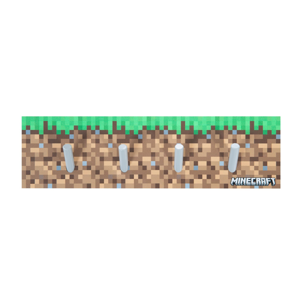 Phoenix group AG Minecraft: Coat Rack - Wooden  Wall Mounting  4 Peg Hooks  Bag & Accessory Hanging  Pixel Grass Block Design  Game Theme Decor  17.7