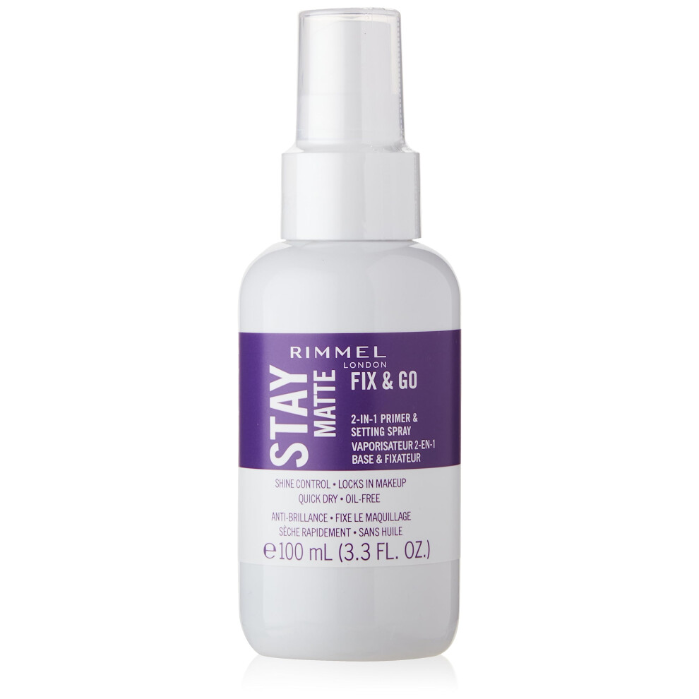 Rimmel London Stay Matte Fix & Go - 001 Transparent - 2-in-1 Primer & Setting Spray  Oil-Free  Locks Makeup into Place  Soothes Skin  3.3 oz