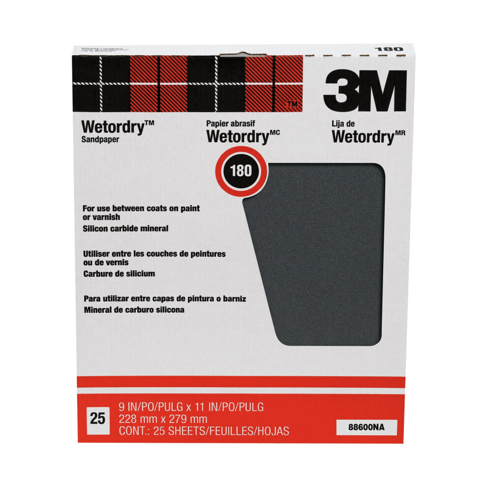 3M Wetordry Sandpaper  25 Sheets  9 in x 11 in  180 Grit  Fine  For Wet and Dry Sanding  Premiere Finish on Lacquers  Primers  Sealers  Plastics & Pai