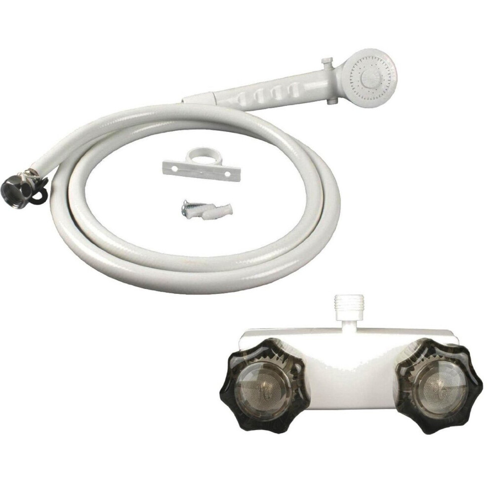 Rv/Mobile Home Shower Faucet With Smoke Handles And Hand-Held Shower Combo Set White 068662624705